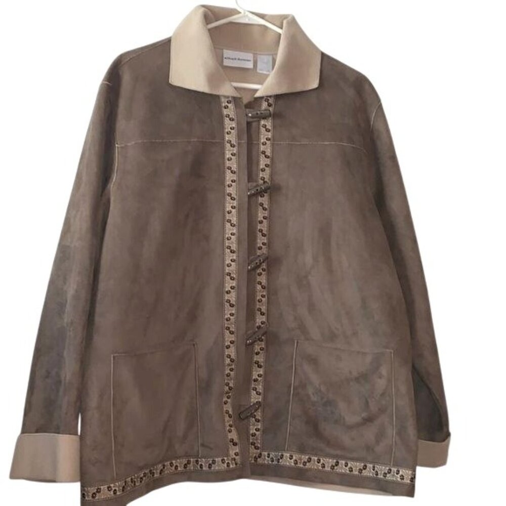Alfred Dunner Womens 18 Faux Suede Jacket With Embroidered Trim Button Front & P